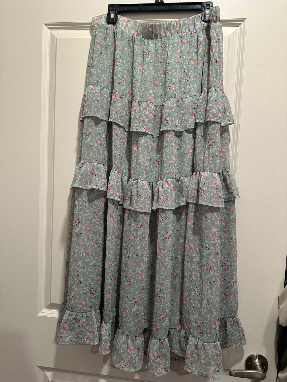 Wonderly Mint Green Tiered Floral Maxi Skirt with Pink Accents